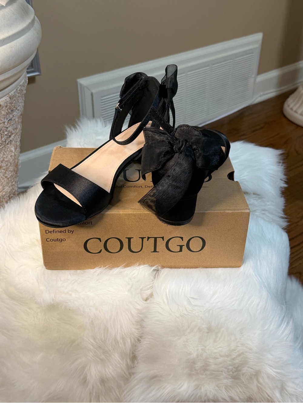 Black Satin Bow Block Heel Sandals